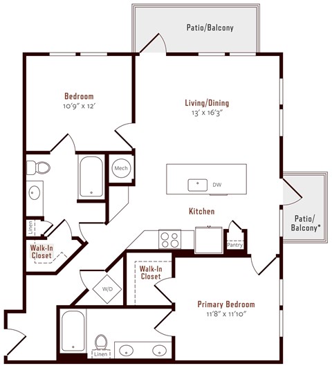 Floor plan for 2 beds, 2 baths, 1035 sqft